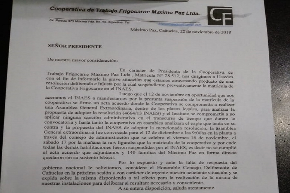 La carta env&iacute;ada al Concejo Deliberante local.