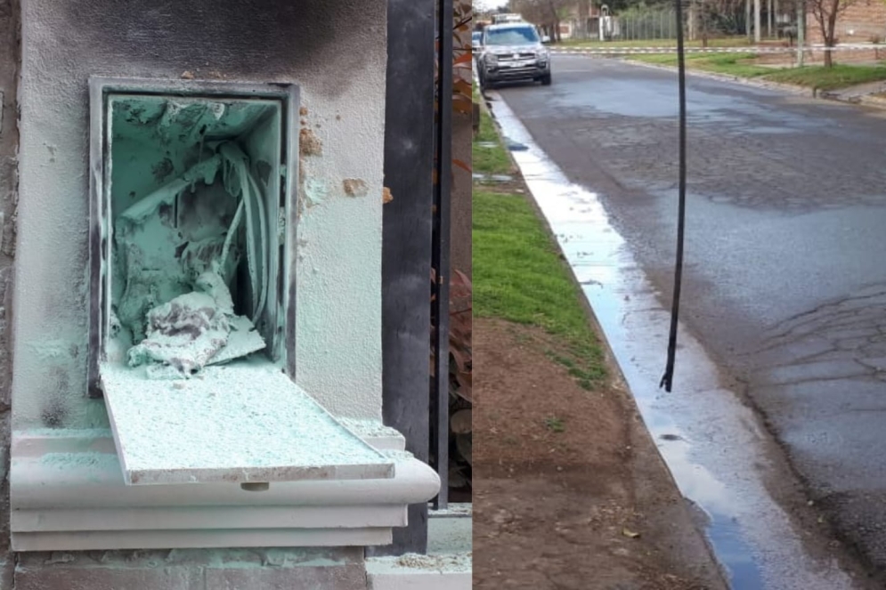 El medidor calcinado y los cables suspendidos en la v&iacute;a publica. 