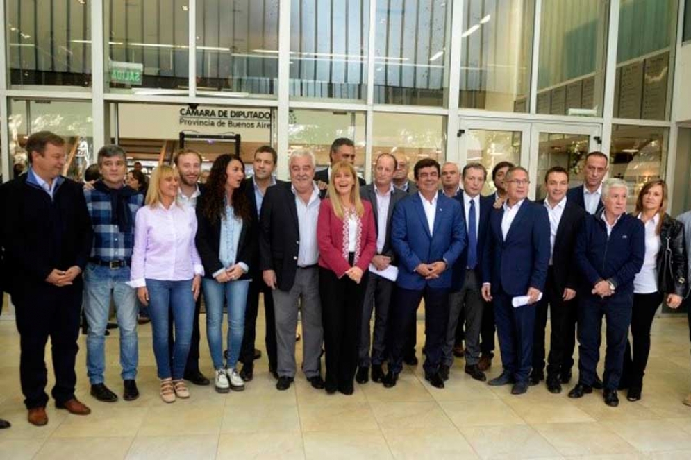 El grupo de intendentes en la puerta de la legislatura. 