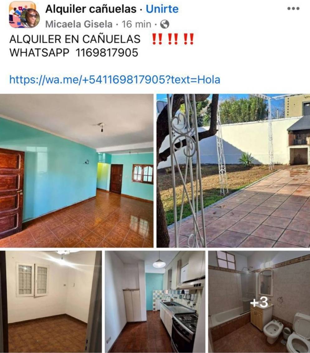 La publicaci&oacute;n de la estafadora en grupos de alquileres.